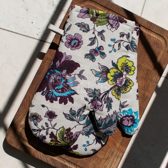 Colourful half-linen oven mitt "Flowers"